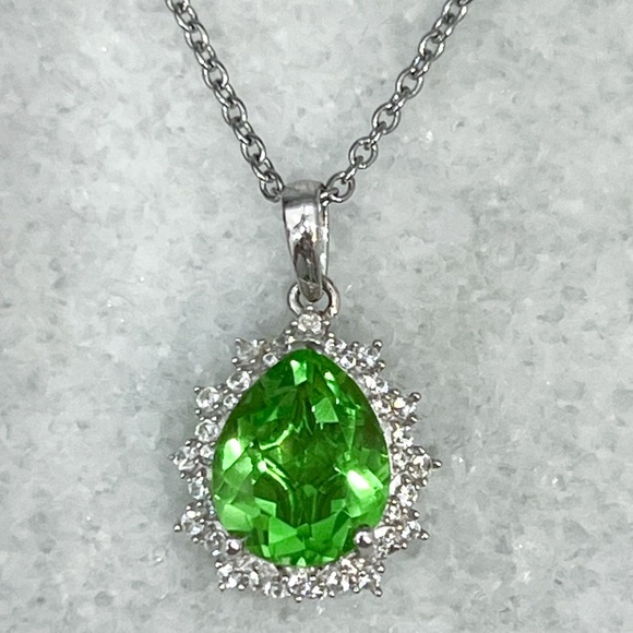 Chartreuse Quartz White Zircon Sterling Silver Teardrop Halo Pendant 20”Necklace - Picture 5 of 12